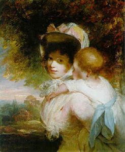 Portrait Of A Lady With Her Daughter Before A Landscape by Sir John Hoppner