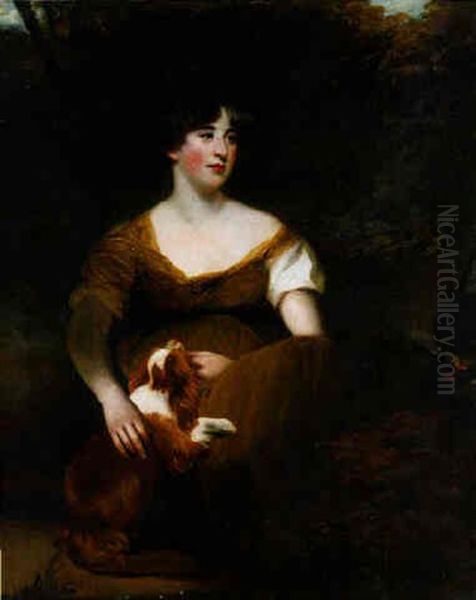 Portrait Of The Hon. Miss Emma Crewe Seated With Her Dog In A Landscape - view 1