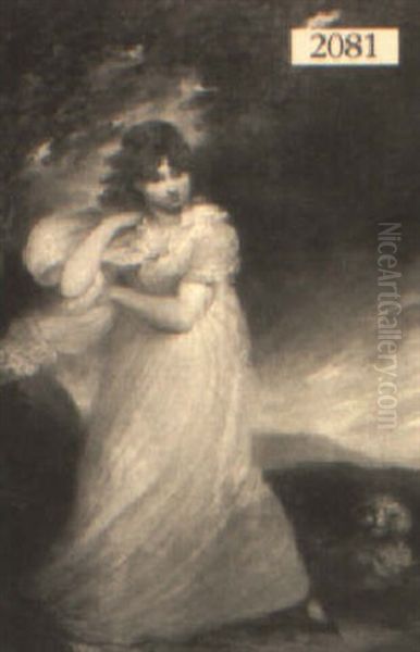 Maiden In Long White Dress With A Poodle By Her Side - view 1