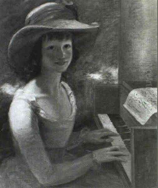 Portrait Of A Girl, Half-length, Wearing A White Dress And A White Hat, With Pink Ribbons, Seated At A Piano, A - view 1