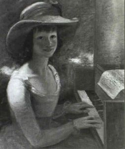 Portrait Of A Girl, Half-length, Wearing A White Dress And A White Hat, With Pink Ribbons, Seated At A Piano, A by Sir John Hoppner