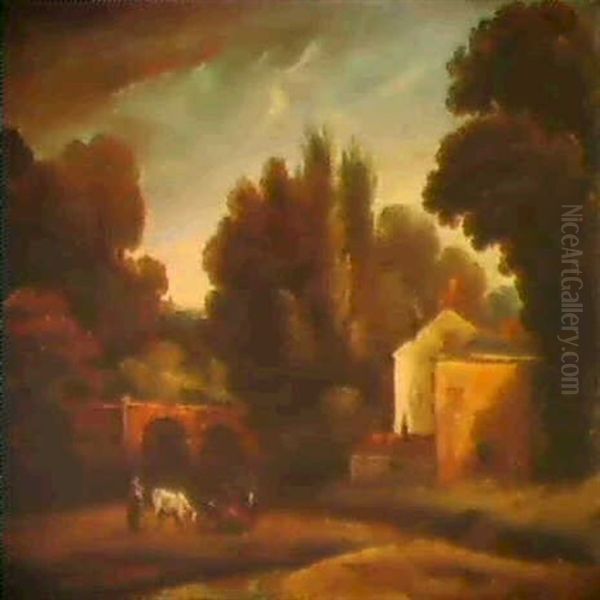 River Landscape With Houses By A Bridge, A Herdsman With Cattle In The Foreground - view 1