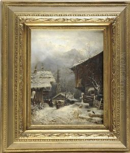 Siedlung In Verschneiter Landschaft Mit Kirchturm Im Hintergrund Und Figurenstaffage Unter Drauendem Himmel