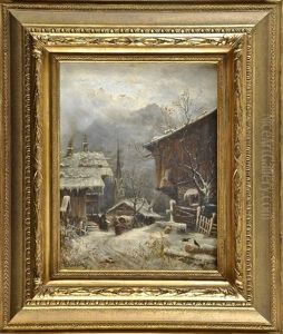 Siedlung In Verschneiter Landschaft Mit Kirchturm Im Hintergrund Und Figurenstaffage Unter Drauendem Himmel