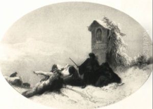 Verschneite Landschaft Mit ,ngstlicher Junger Frau Und Begleiter