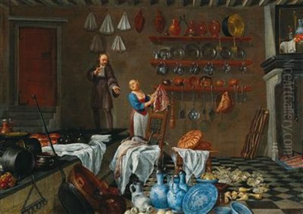 An Elegant Man Conversing With A Maid In A Kitchen Interior - view 1