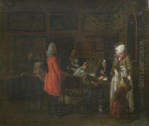 An Interior With A Huntsman And A Woman With A Basket Of Apples; And A Library Interior With A Woman And Her Child Taking Receipt Of A Letter (a Pair)