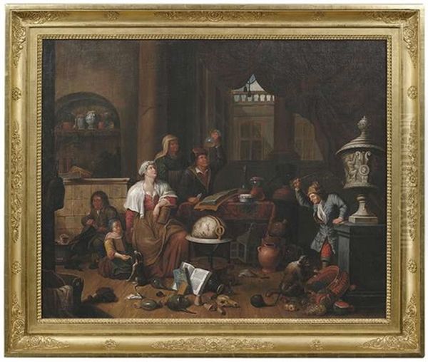Ein Alchemist Mit Seiner Familie Im Labor. Ein Adeliger Herr Mit Seiner Familie Auf Einer Terrasse, Dem Jager Ihre Jagdbeute Prasentierend (pair) - view 1