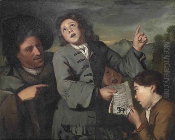 Three Children And A Man Singing In A Wooded Landscape - view 1