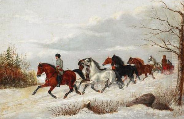 Trader With A String Of Horses Pulling A Red Sleigh - view 1