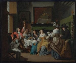 A Domestic Scene In An Interior With Figures Eating And Drinking Around A Table