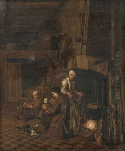 Kucheninterieur. Eine Familie Hat Sich Vor Dem Offenen Kuchenkamin Versammelt. Wahrend Sich Die Mutter Um Die Zubereitung Des Essens Kummert, Futtert Der Vater Sein Jungstes