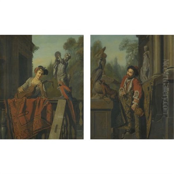 An Elegant Turkish Gentleman At A Balustrade (+ An Elegant Figure Playing A Guitar At A Balustrade With A Macaw, Various Sizes; Pair) - view 1