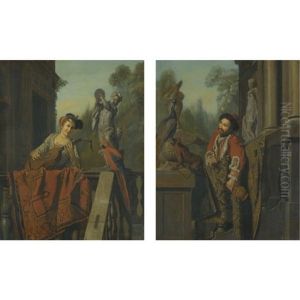 An Elegant Turkish Gentleman At A Balustrade (+ An Elegant Figure Playing A Guitar At A Balustrade With A Macaw, Various Sizes; Pair) An Elegant Turkish Gentleman At A Balustrade (+ An Elegant Figure Playing A Guitar At A Balustrade With A Macaw, Various Sizes; Pair)