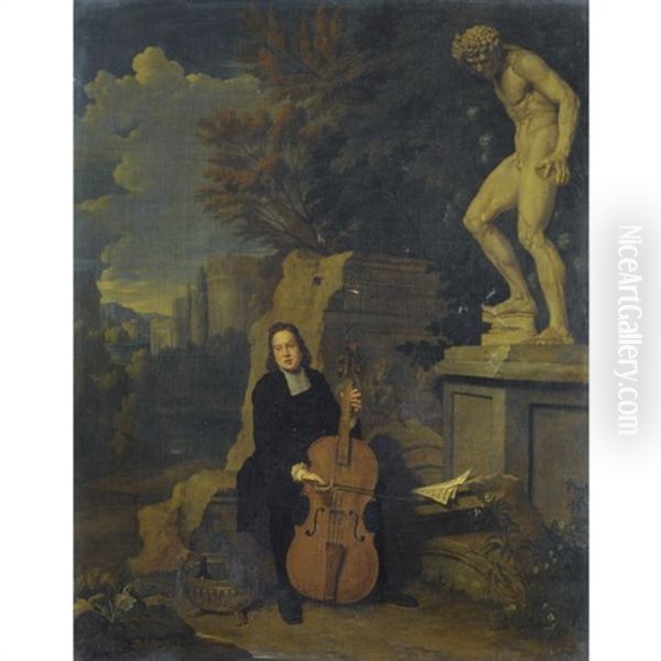 A Musician Playing The Violoncello In A Landscape With Classical Statuary And Ruins - view 1