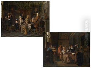 Tischgesellschaften Bei Hausmusik (diptych) by Jan Josef Horemans the Elder
