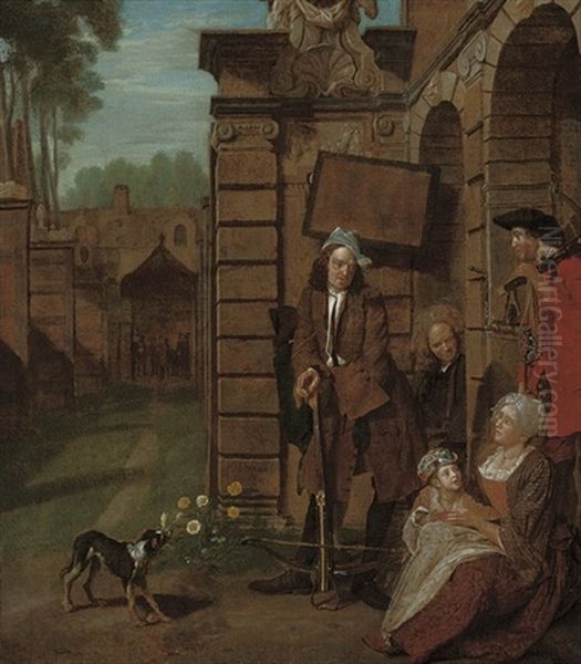Figures In A Courtyard, Soldiers At Cross-bow Practice Beyond - view 1