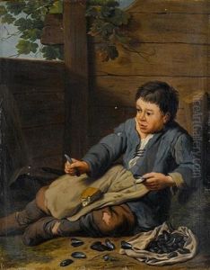 A Boy Eating Mussels In A Courtyard