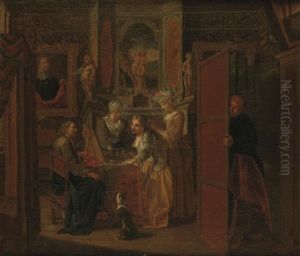 A Richly Decorated Interior With A Lady Attended By A Gentleman And Servants, A Man Peeking by Jan Josef Horemans the Elder