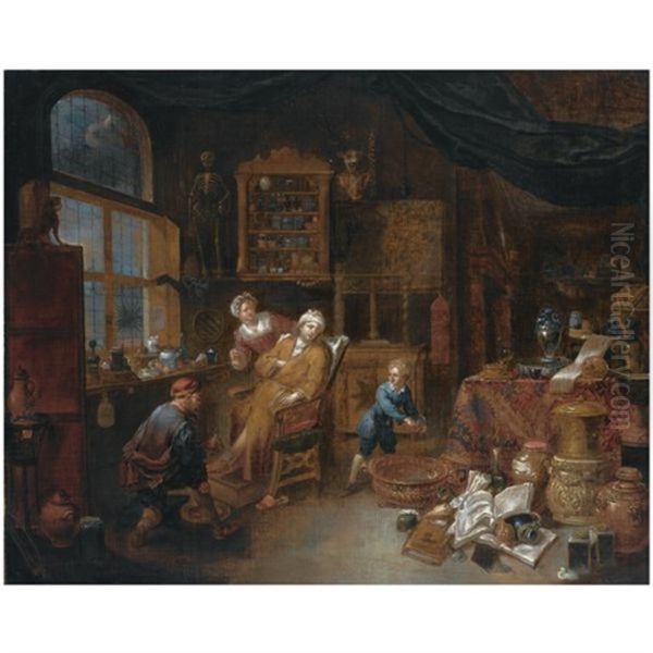 A Doctor's Interior With A Doctor Treating A Patient's Ankle, Together With A Woman Offering A Drink And A Little Boy Nearby, A Still Life Of Books, Jugs, Pots And A Skull To The Right Foreground - view 1