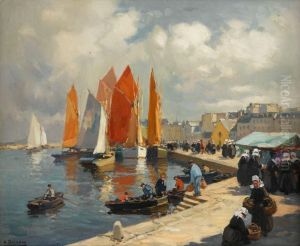 A Busy Harbor Scene by Henri Alphonse Barnoin