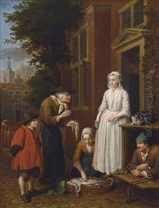Fishmongers Selling Fish To An Elegant Lady