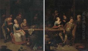 A Tavern Interior With Figures Drinking And Smoking, Fruits And Vegetables In The Foreground (+ An Interior With Two Men Conversing With Two Ladies Seated At A Table With Fruits; Pair) by Jan Josef Horemans the Elder