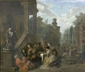 Compagnie Attablee Devant L'escalier Ornemental D'une Maison De Maitre