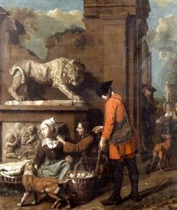 Two Soldiers Proffering A Gift To A Young Woman by Jan Josef Horemans the Elder