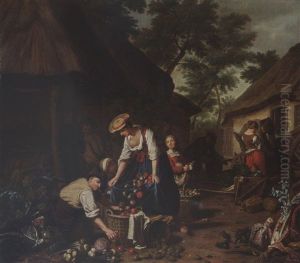 A Farm Scene With A Woman Putting Apples In A Basket, Other Figures And A Cart In The Background Near A Barn by Jan Josef Horemans the Elder