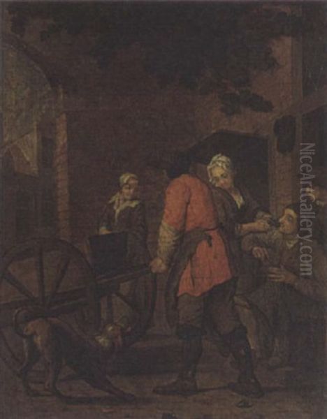 A Village Scene With A Man Pushing A Cart - view 1