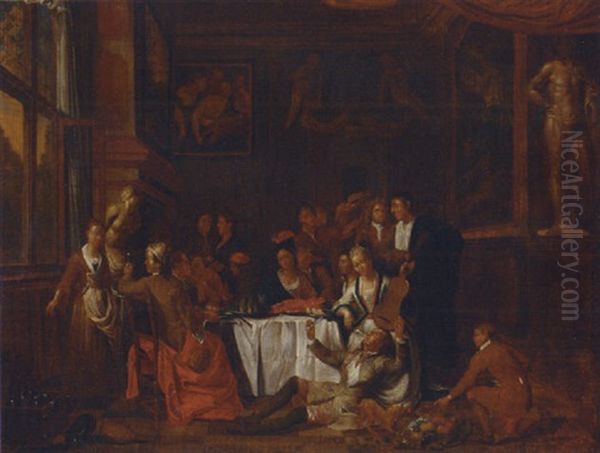 Elegant Company Feasting And Making Music In An Interior - view 1