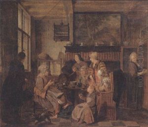 A Family Drinking Tea At Table In An Interior by Jan Josef Horemans the Elder