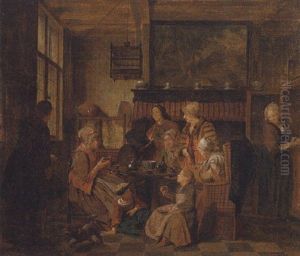 A Family Drinking Tea At A Table In An Interior