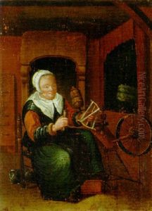 An Old Lady Spinning In An Interior by Jan Josef Horemans the Elder