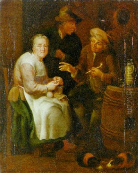 An Old Woman Knitting With A Young Man Smoking A Pipe In An Interior - view 1