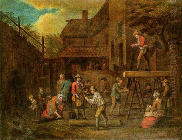A Scene In A Village With Carpenters At Work And Other Figures Looking On - view 1