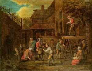 A Scene In A Village With Carpenters At Work And Other Figures Looking On