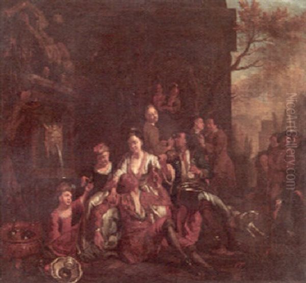 Numerous Figures Merrymaking By A Fountain - view 1