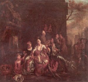 Numerous Figures Merrymaking By A Fountain by Jan Josef Horemans the Elder