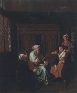 Bedroom Interior With A Man Holding A Baby Wrapped In A Blanket by Jan Josef Horemans the Elder