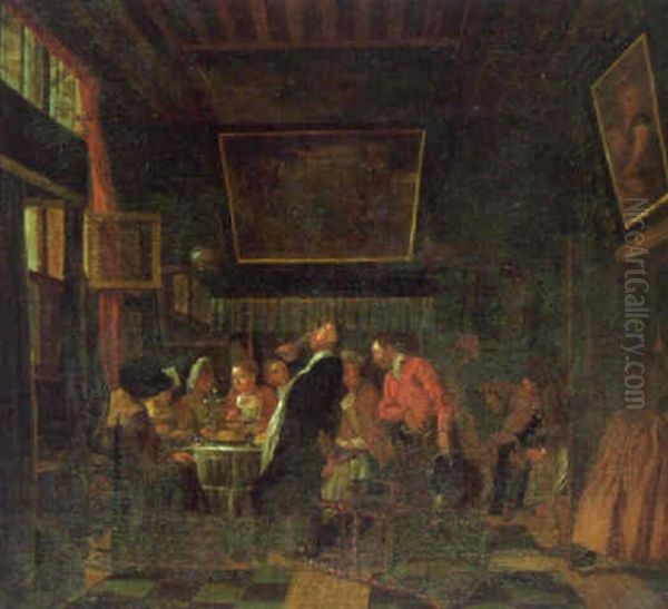 An Interior With A Company Eating A Meal Entertained By Musicians - view 1