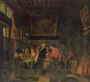 An Interior With A Company Eating A Meal Entertained By Musicians