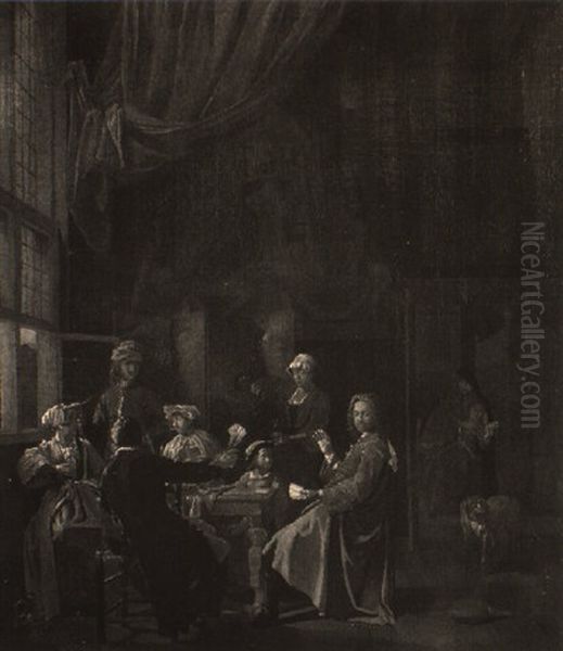Elegant Figures Playing Cards In An Interior - view 1
