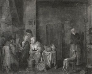Kitchen Interior With Family Seated Beside A Fire by Jan Josef Horemans the Elder