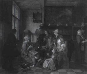 Family Having Tea In A Kitchen by Jan Josef Horemans the Elder