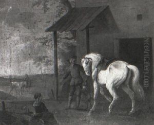 A Groom With A Grey Outside A Stable