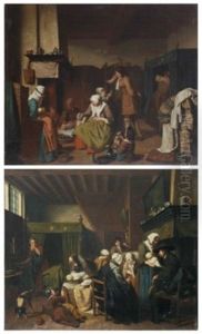 An Interior With Midwives Nursing Twins And Figures Drinking; And An Interior With Figures Visiting A Mother And Her Two Newborns by Jan Josef Horemans the Younger