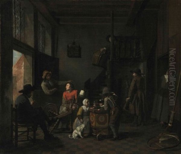 An Interior With A Woman At Her Spinning Wheel, A Child With A Rattle, And Other Figures - view 1