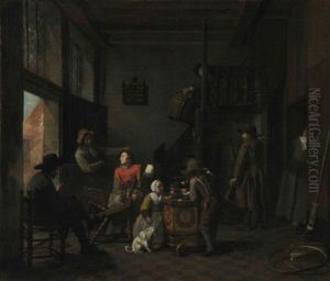 An Interior With A Woman At Her Spinning Wheel, A Child With A Rattle, And Other Figures by Jan Josef Horemans the Younger